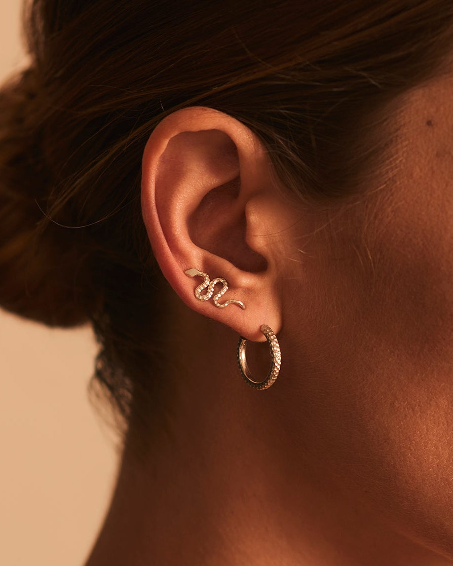 Lili and Kaa Earrings in Silver, worn, Sarah Vankaster Handmade Jewelry, Serpent Collection